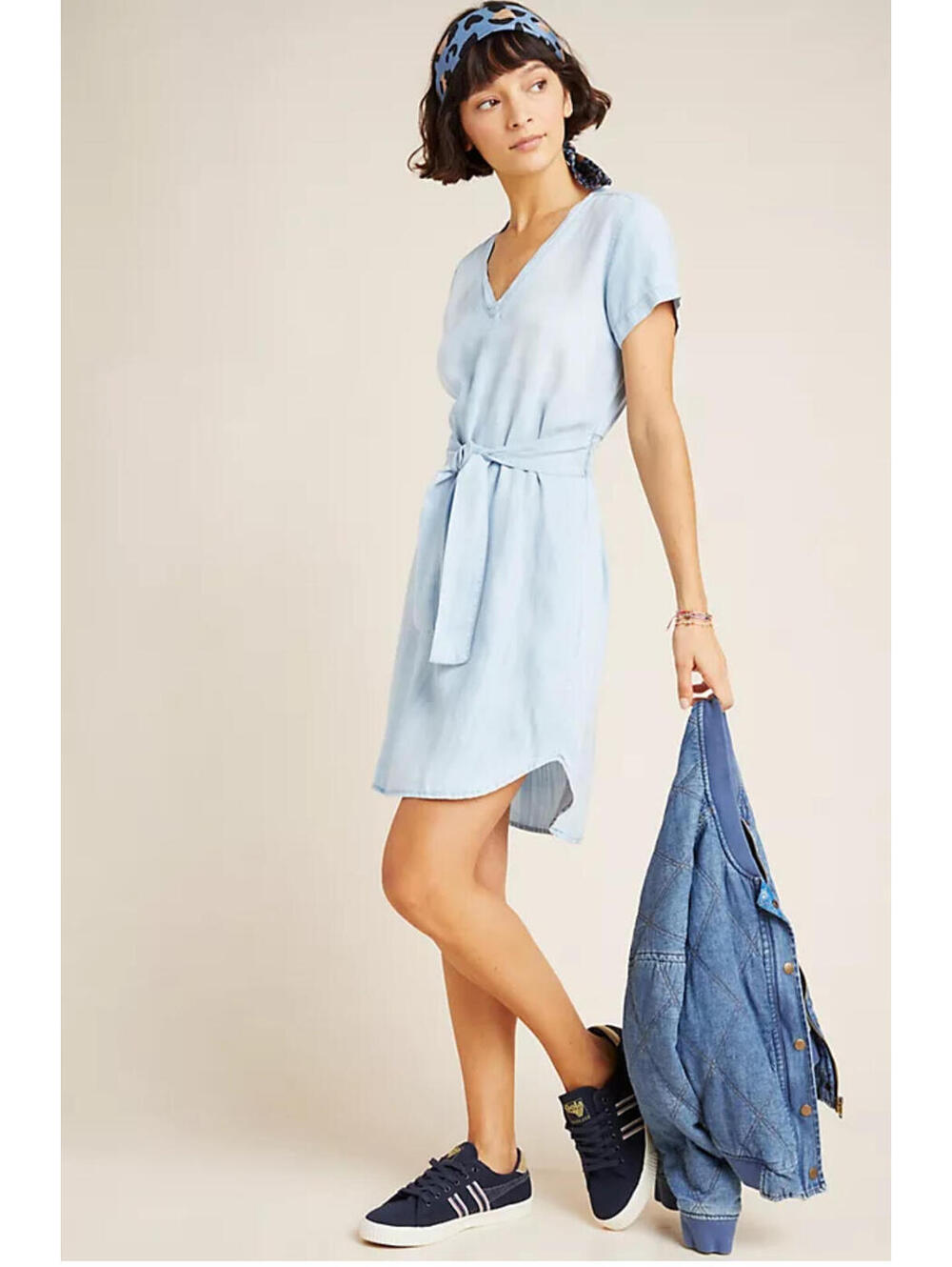 Light Blue V-Neck Belted Short Sleeve Dress